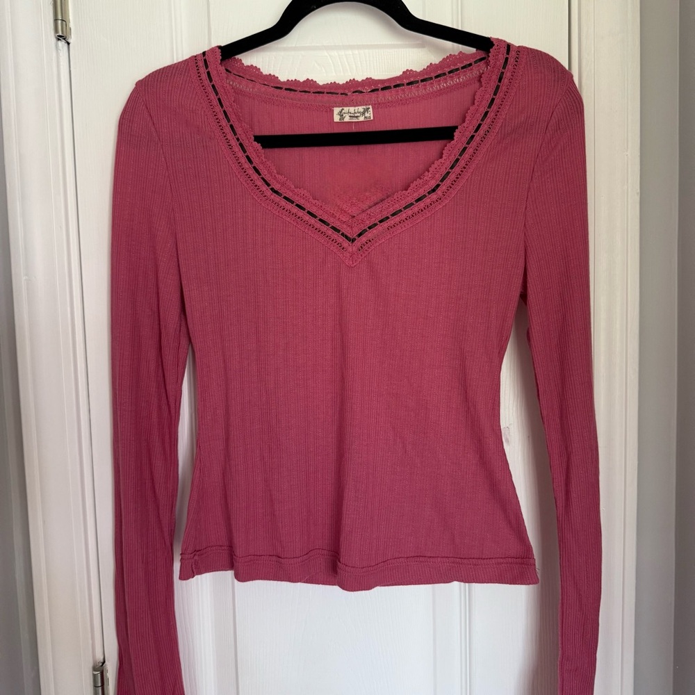 Free people pink long sleeve top with lace trim size small